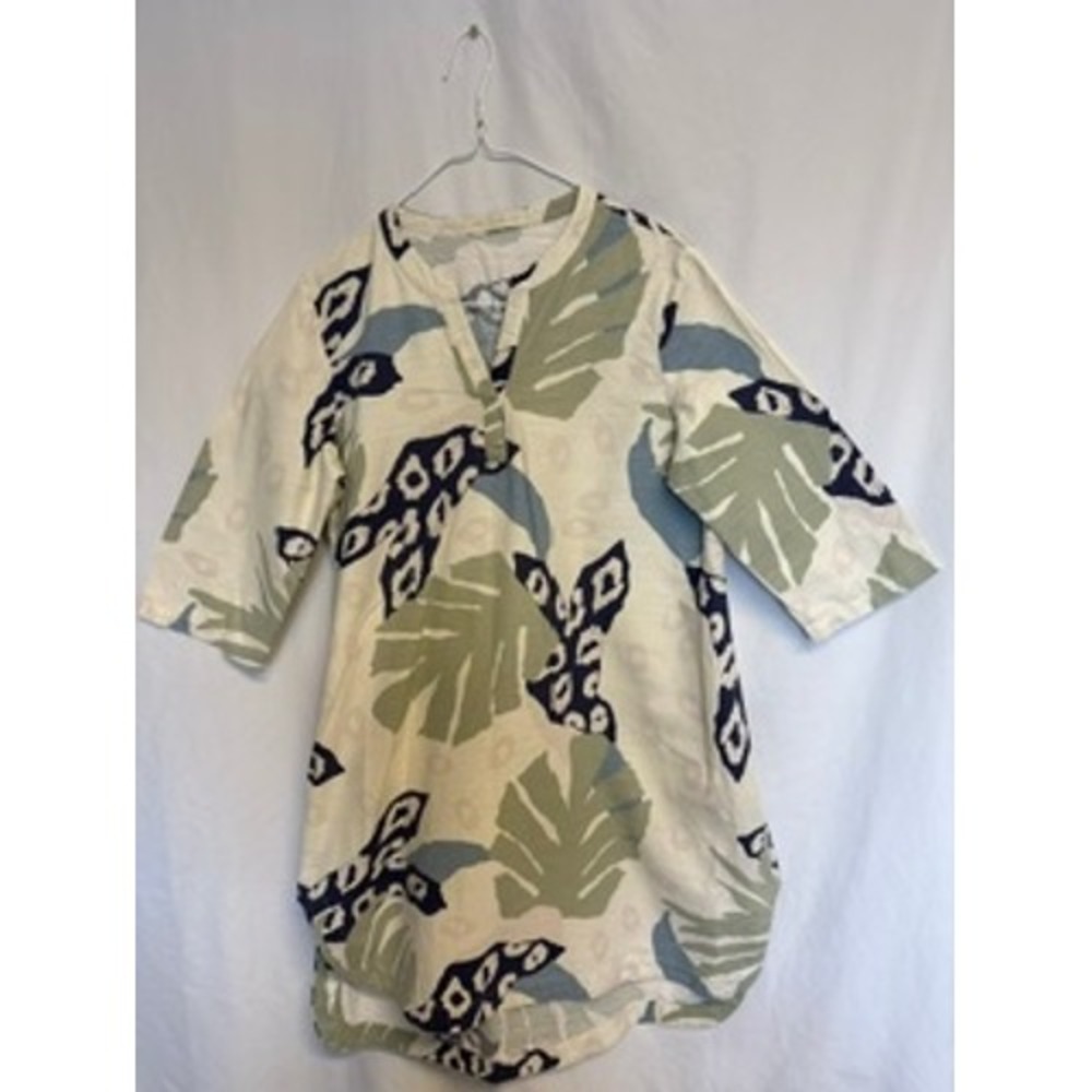 Real Fresh Tropical Leaf Ikat Print Linen Blend Dress Ivory Sage Navy Medium